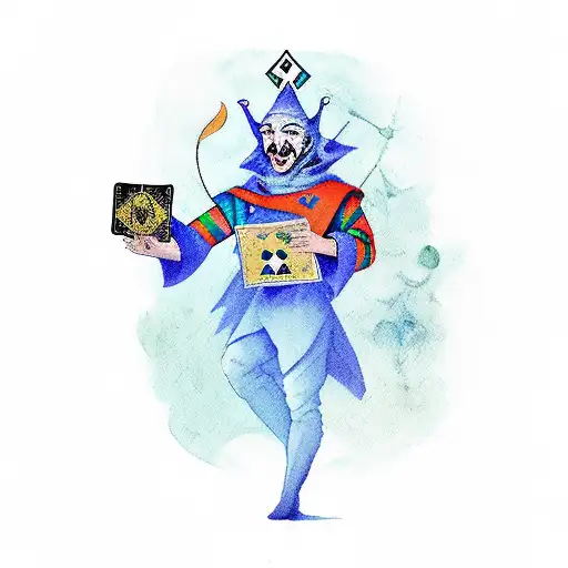 An Aquarel Depiction Of A Jester Holding A Tarot Card With The Fool Symbol
