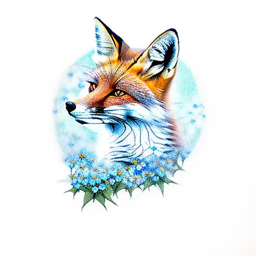 A Fox Sits Under A Tree And Looks Up At The Night Sky In A Frame Of The Forget Me Not Flower