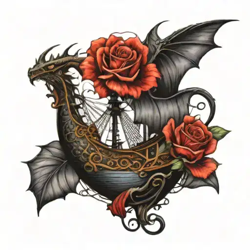 Black Pearl Ship Dragon Flying Red Rose