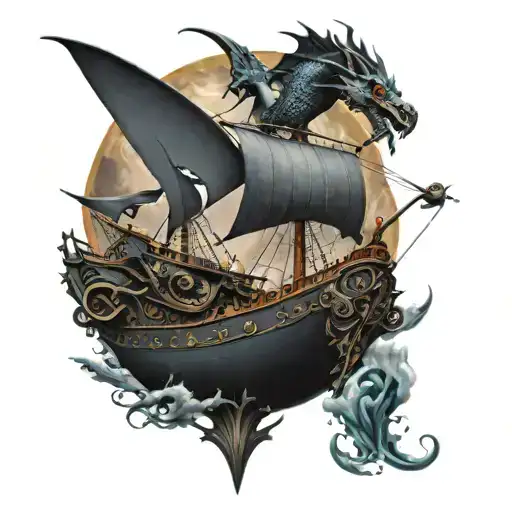 Black Pearl Ship Around Dragon Flying