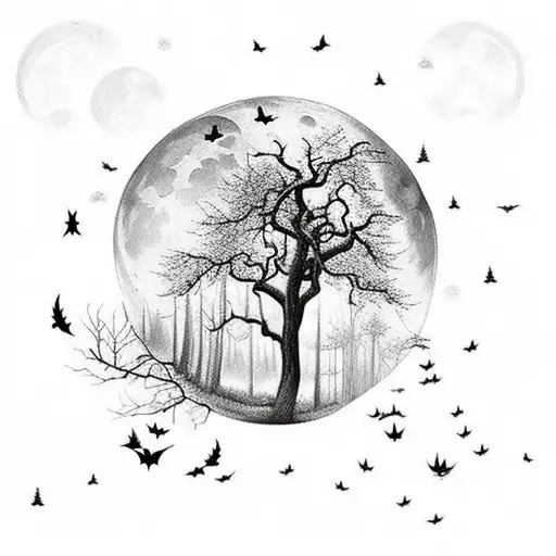 Moonlit Forest With Bats Flying Among The Trees