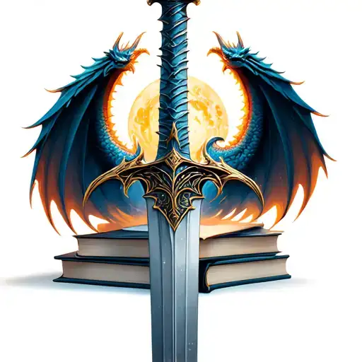 Sword Through Stack Of Books Dragon Wings Celestial