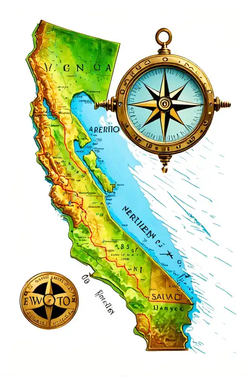 Dented Brass Compass And Northern California Map