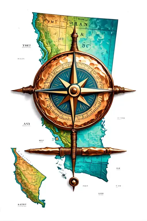 Hammered Copper Compass And Old West Style Map Of Northern California