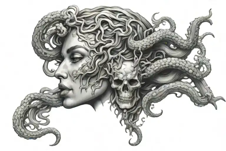 Medusa Tattoo With Half Of The Face A Skull