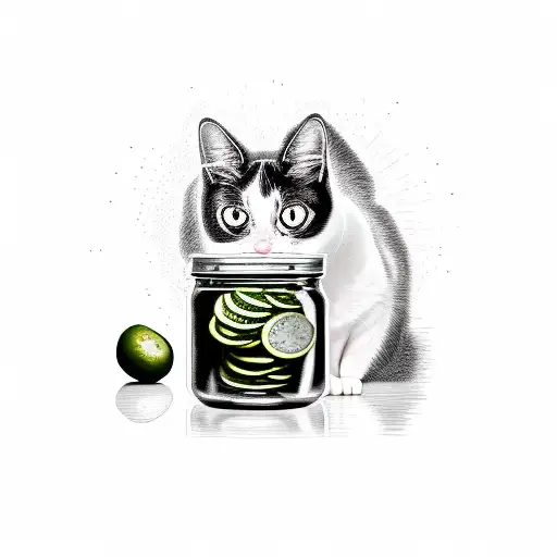Black And White Cat With Big Eyes Next To A Jar Of Pickles