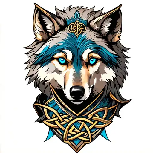Wolf With Blue Eyes On Armor Tattoo Design Featuring Celtic Trinity Knot