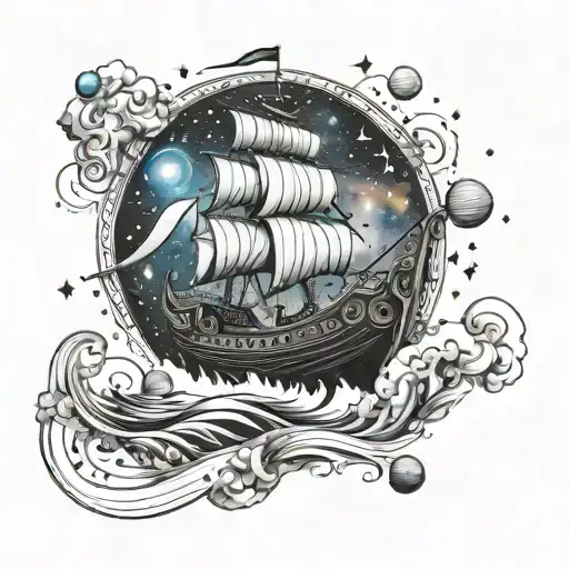 A Blackwork Tattoo Of A Viking Ship Sailing Through A Galaxy Filled With Planets