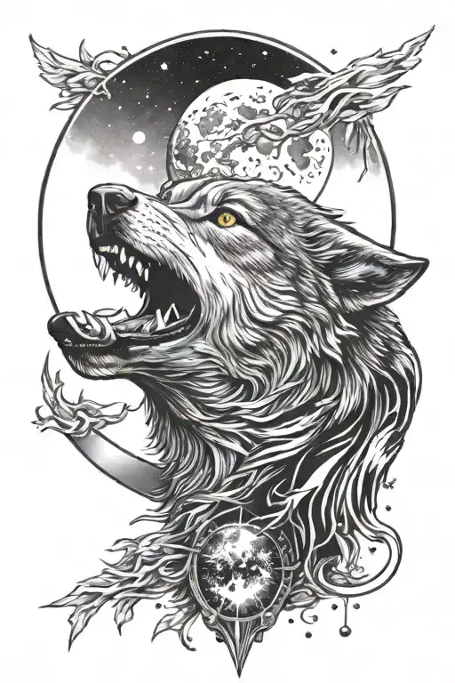 A Black-grey Tattoo Of A Wolf Howling At The Moon With The Universe Reflected In Its Eyes