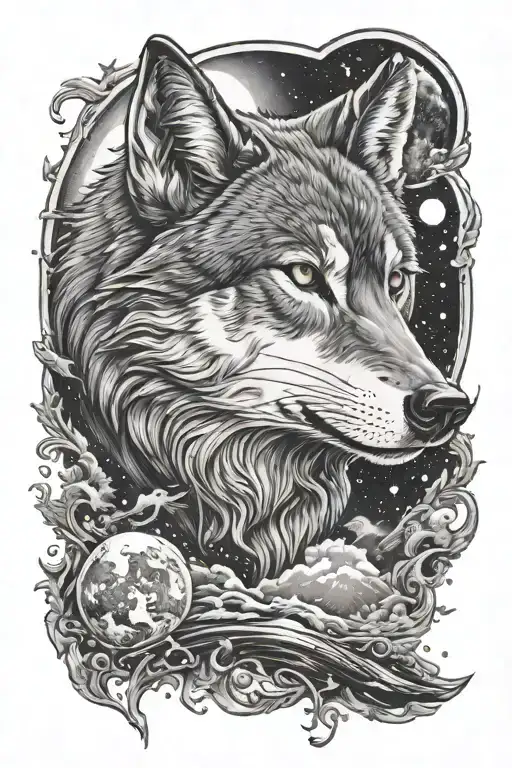 A Black-grey Tattoo Of A Wolf Howling At The Moon With The Universe Reflected In Its Eyes