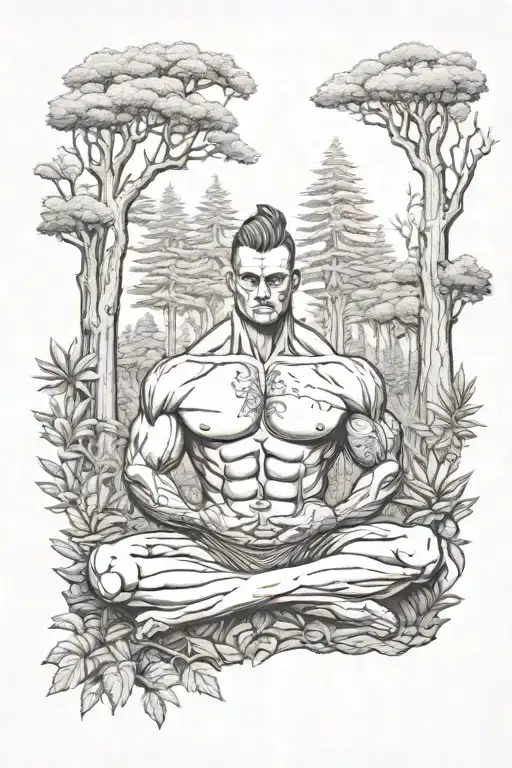 A Dotwork Tattoo Of A Bodybuilder Meditating In A Serene Forest Surrounded By Ancient Warriors