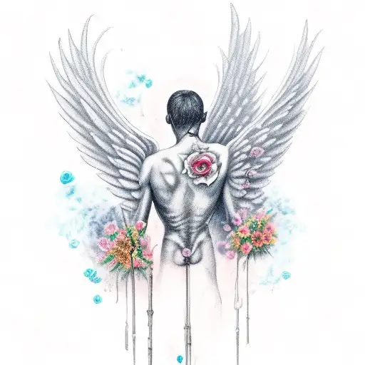 Sad Angel With Three Swords Stabbed In The Back And Flowers Growing From The Wounds