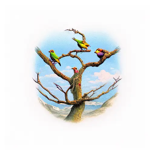 Three Birds Sitting On Apple Tree Branches In The Mountains