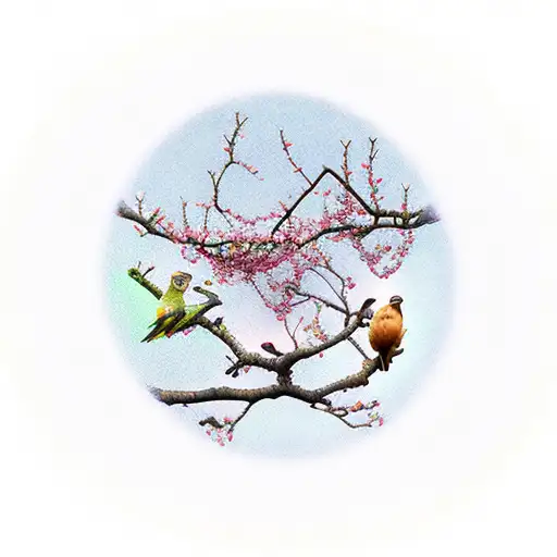 Three Birds Circling An Apple Tree Blossom