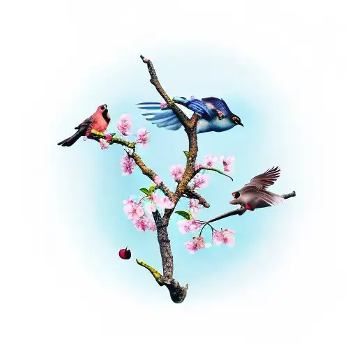 Three Birds Circling An Apple Tree Blossom