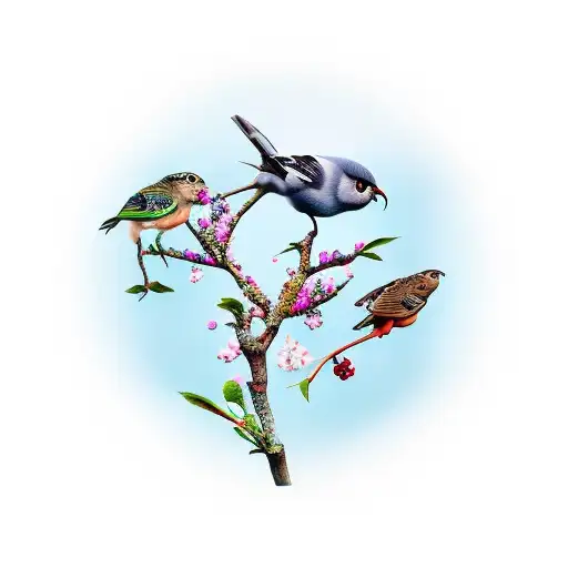 Three Birds Circling An Apple Tree Blossom Representing Friendship And Love