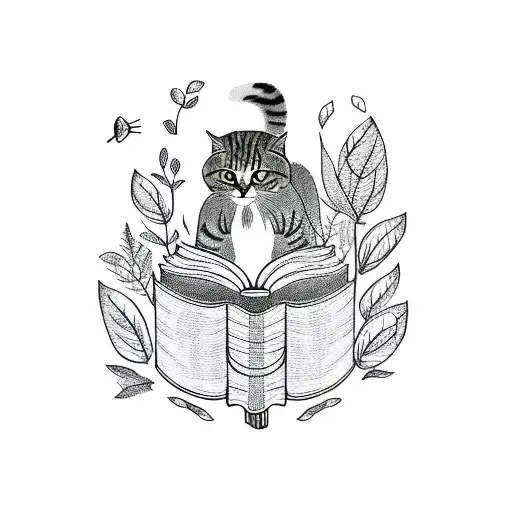 A Minimalist Tattoo Of A Cat Reading The Wind Up Bird Chronicle With Plants Surrounding It