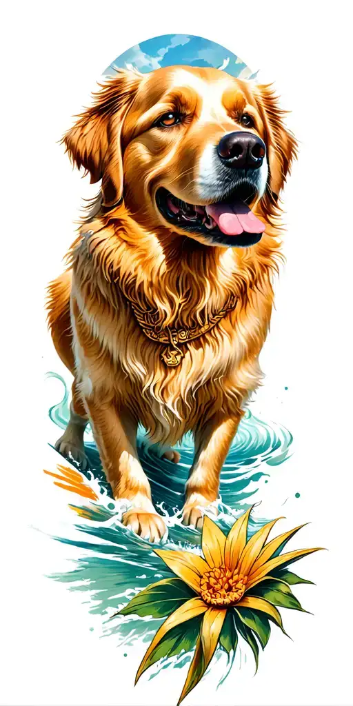 Golden Retriever With Greek Mythology And Surf Themes