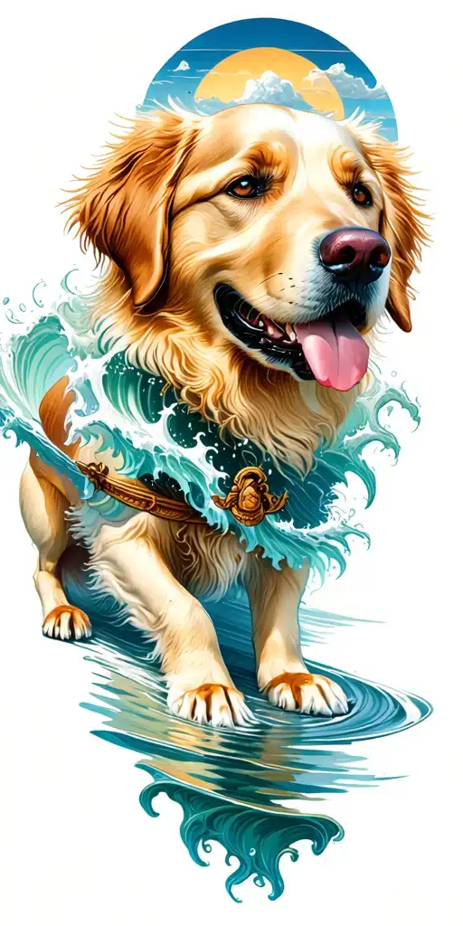 Golden Retriever With Greek Mythology And Surf Themes Looking At Wave