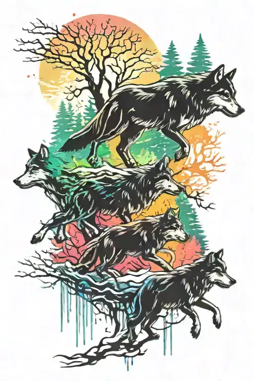 A Pack Of Wolves Running Through A Vibrant Forest With A Hint Of The Northern Lights Above