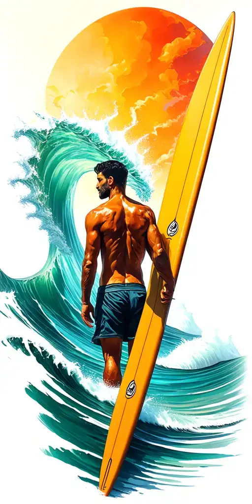 Man With Surfboard Looking Out To Ocean Where A Wave Morphs Into Posedian