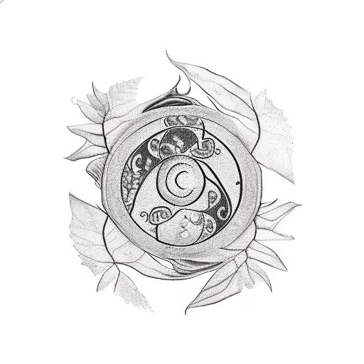 A Sketch Style Tattoo Of A Yin&yang Symbol With Leaves And Plants Surrounding It