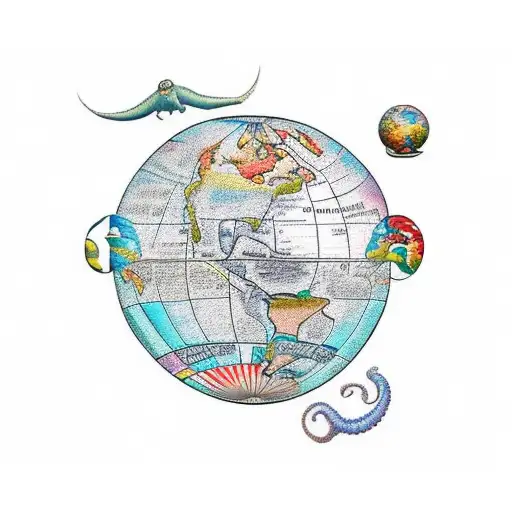 Sailor Jerry Globe Map With Small Sea Monsters Scattered Around The Map