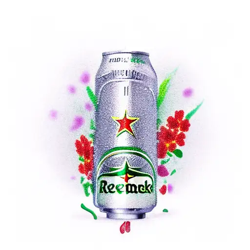 A Realistic Portrait Of A Heineken Bottle Surrounded By Lush Greenery And Vibrant Red Flowers