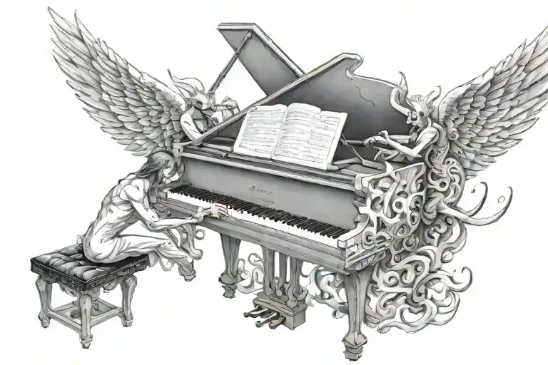 Piano And Angel On The Left And A Demon On The Right