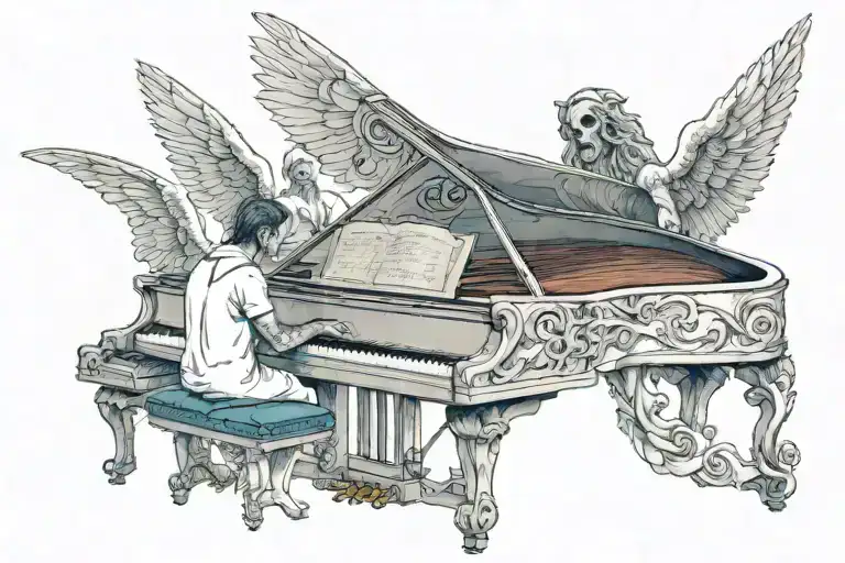 Piano An Center An Angel On The Left And A Demon On The Right