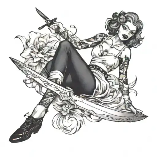 Beautiful Girl With A Knife And Stockings