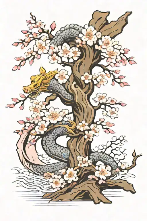 Cherry Blossom Tree With Japanese Dragon Wrapped