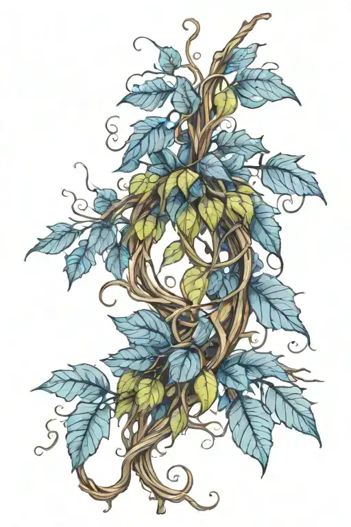 Long Vine Growing With Blue Leaves Intertwined