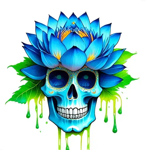 Blue Lotus Flower On Green Multicolored Sugar Skull