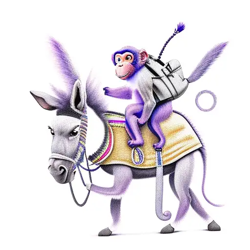 Monkey Wearing Purple Back Pack Riding A Donkey