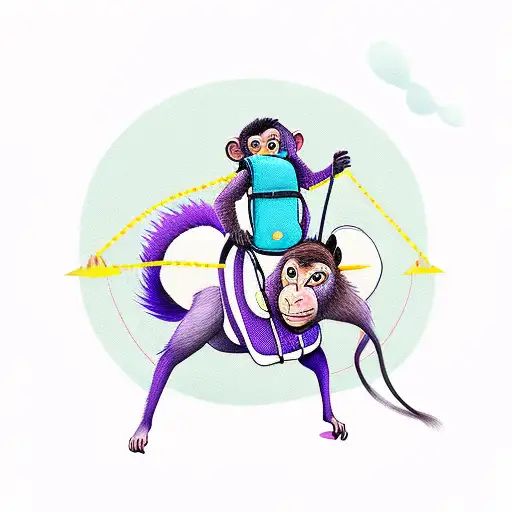 Monkey Wearing A Purple Back Pack Riding A Donkey