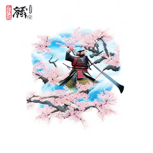 Samurai With 3 Swords And Cherry Blossoms