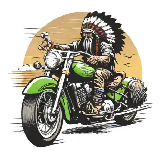 Indian Chief Wahoo Riding A Kawasaki Towards The Sunset Skyline