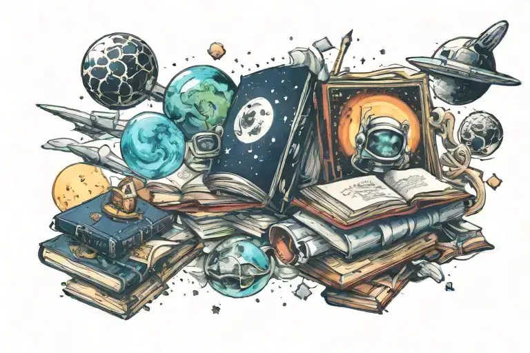 Space Theme With Books And Stamps Representing My Deseceased Father