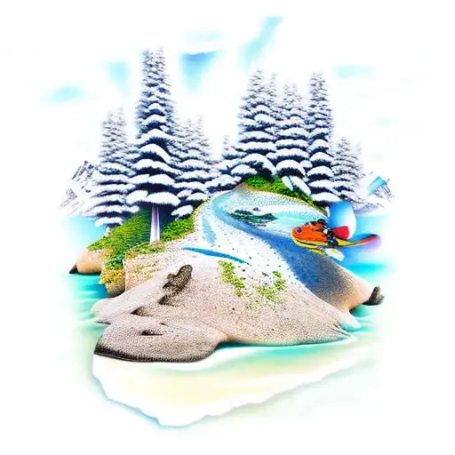 Ski Mountain Scene And Island Tropics With A Turtle
