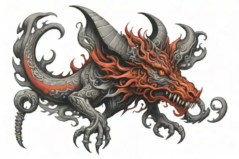 Red Humble Beast With Black Flames Throat Tattoo Design