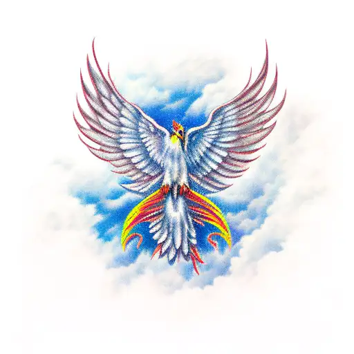 Phoenix Flying In The Clouds With Open Wings