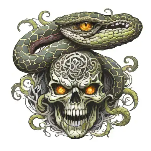 Snake With Swirl Eyes Wrapping Demonic Skull