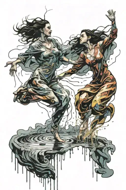 Two Abstract Female Figures Dancing In A Puddle In A Thunderstorm With Lightning And Rain