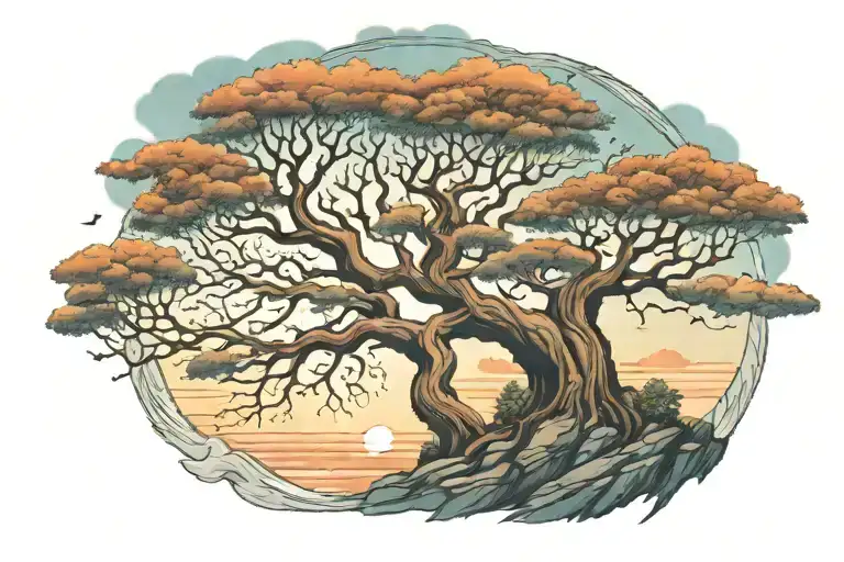 Tree Of Life In The Middle Of A Cliff Centered With A Surreal Sky Behind