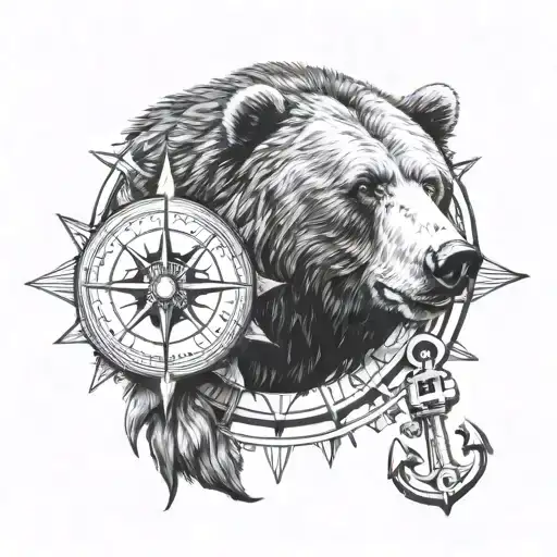 Bear Head Roaring With Compass And Anchor By The Side
