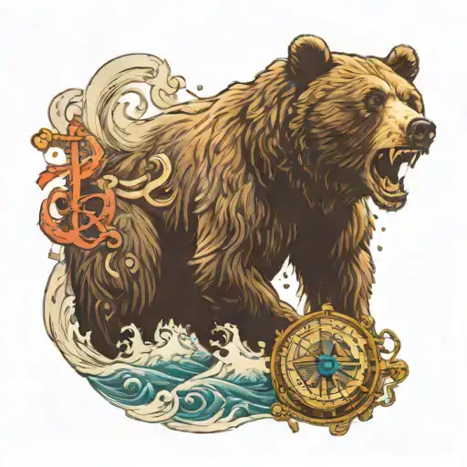 Bear Roaring In The Sea With A Compass And Anchor By The Side Of The Bear