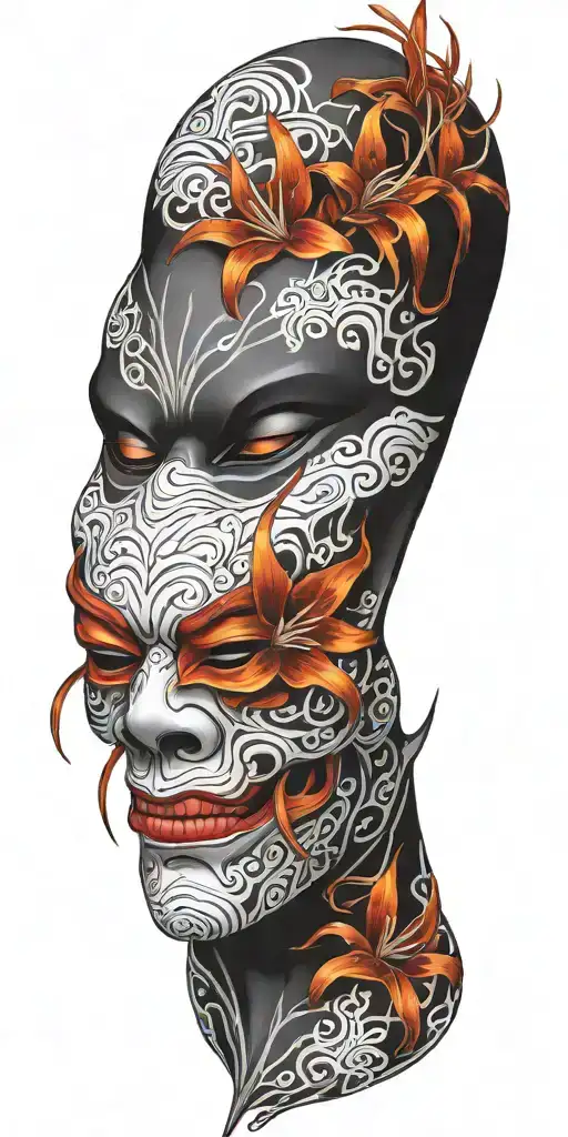 Japanese Oni Mask Featuring Spider Lillies