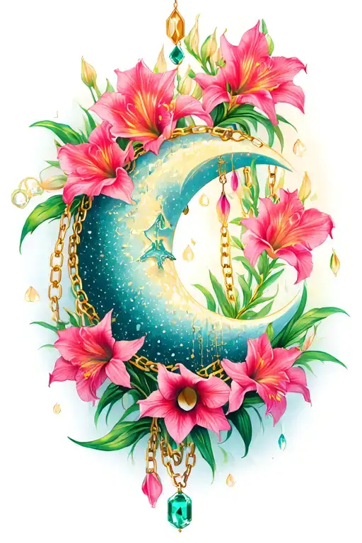 Crescent Moon With Gladiolus Flowers And Emerald Chains