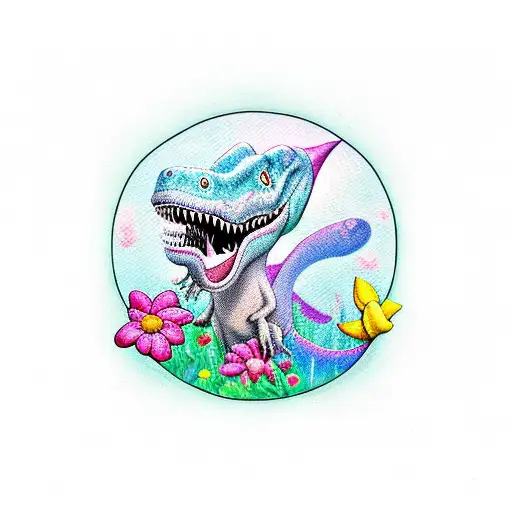 Cartoon Dino With Flowers